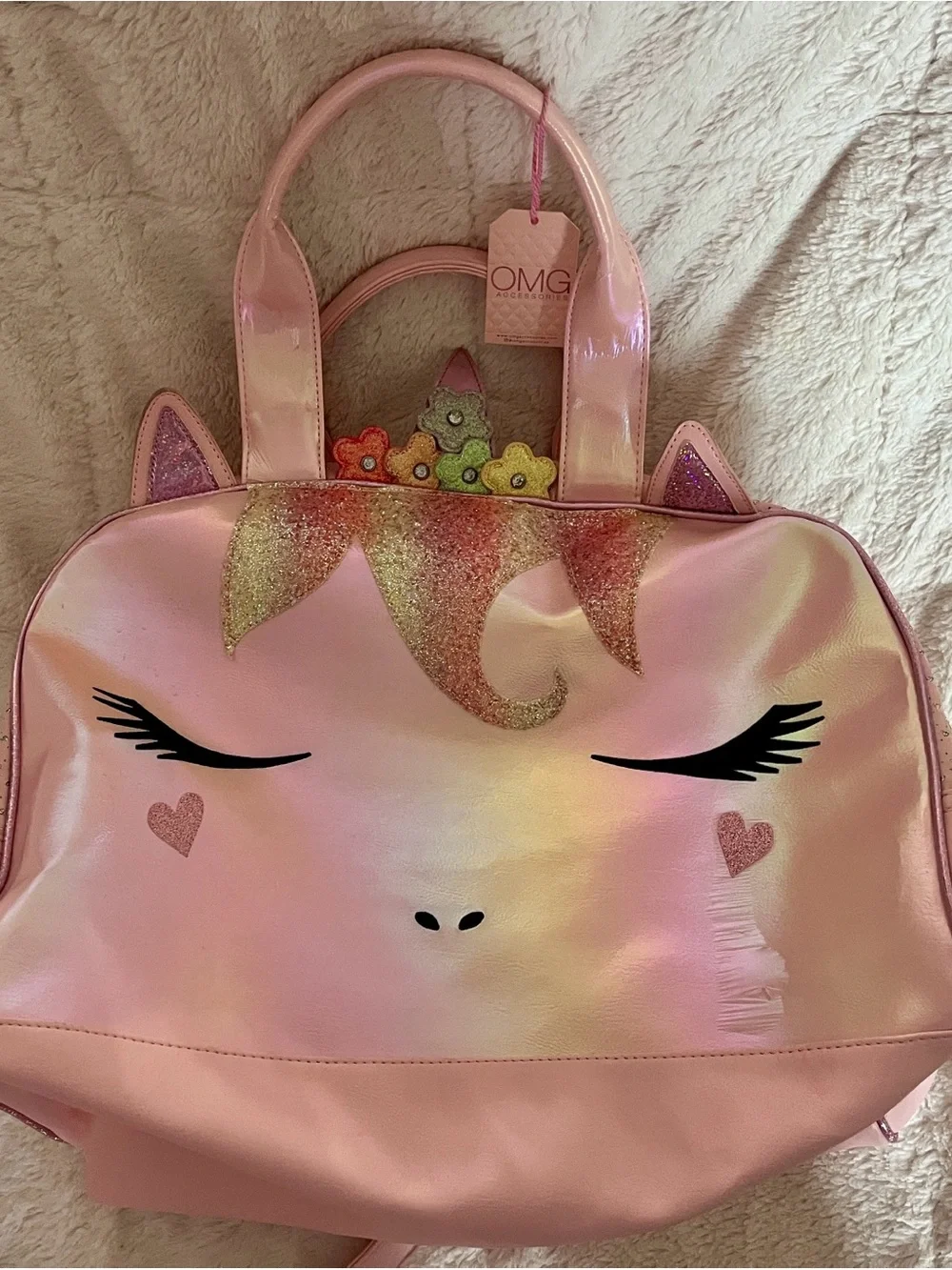 Pink Unicorn Tote Bag with Glitter Mane and Hearts